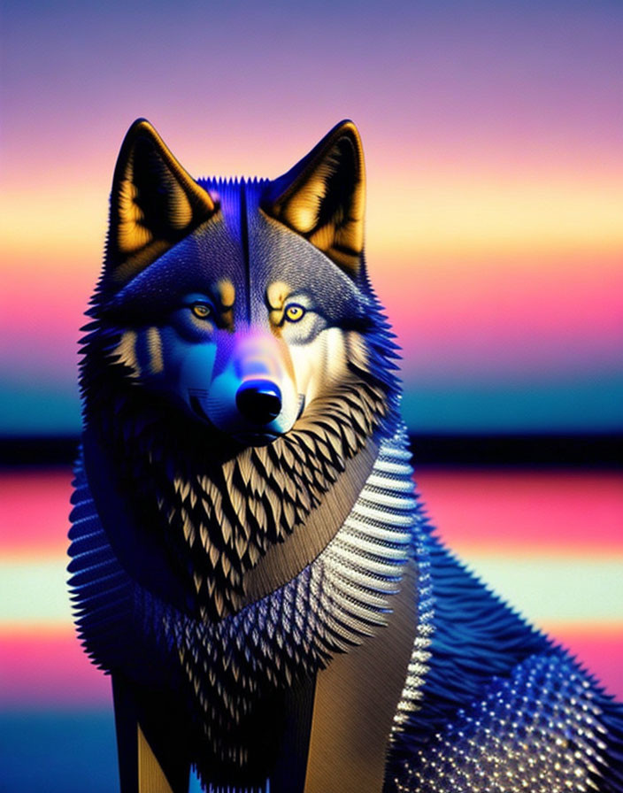 Stylized wolf with geometric patterns at vibrant sunset