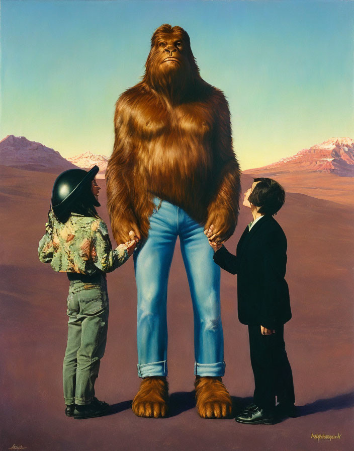 Surreal painting: Bigfoot-like creature with child astronaut and boy in suit in desert