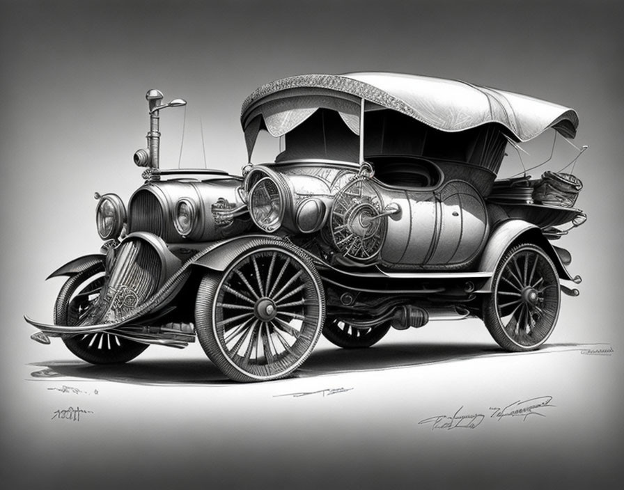 Vintage Car Monochrome Illustration with Spoked Wheels