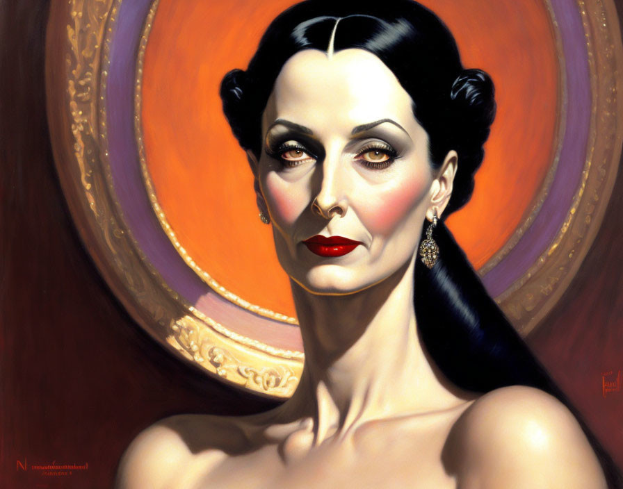 Portrait of Woman with Elegant Hairstyle and Red Lipstick on Circular Orange Background