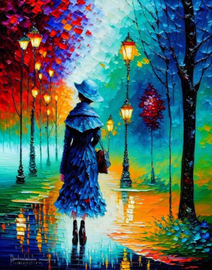 Colorful painting: Person in blue coat walking down lamp-lit path