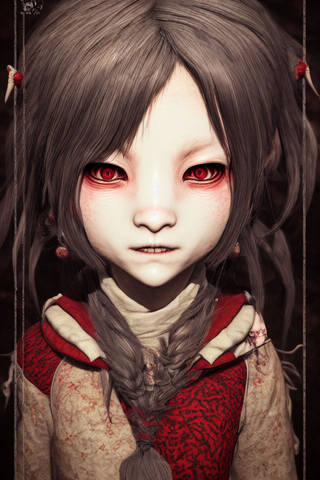 Digital portrait of doll-like figure with red eyes, pale skin, and braided grey hair on dark