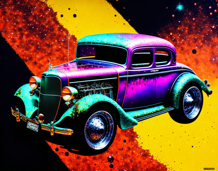 Colorful classic car with psychedelic paint job in vibrant starry space.