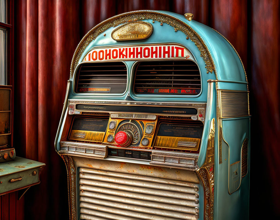 Vintage Turquoise Jukebox with Cyrillic Lettering on Red Curtains