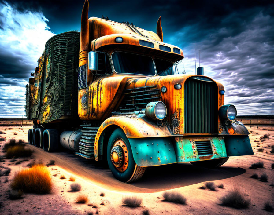 Colorful Rusty Semi-Truck in Desert Landscape