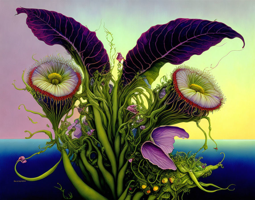 Vibrant purple elephant ear plants with eye-like flowers in surreal twilight setting