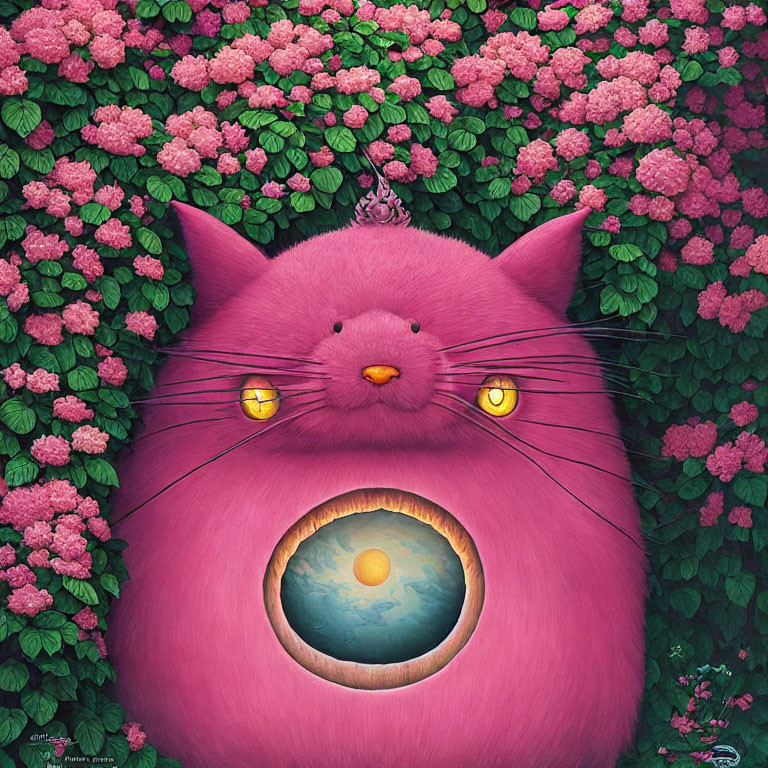 Illustration of Giant Pink Cat with Yellow Eyes Holding Planet Amid Green Foliage