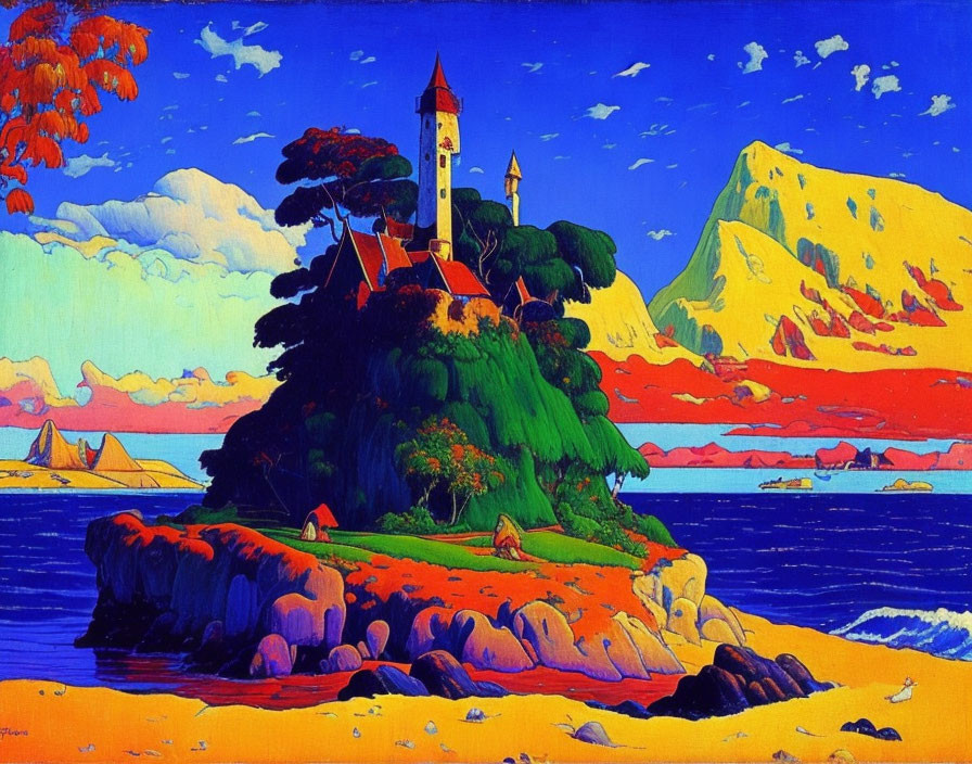 Colorful coastal painting: church on lush hill, red foliage, golden beach, blue sea, mountain