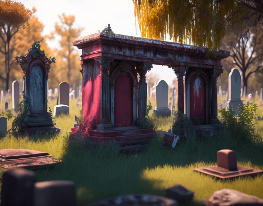 Tranquil cemetery scene with ornate tombs, weeping willow, and sunlight.