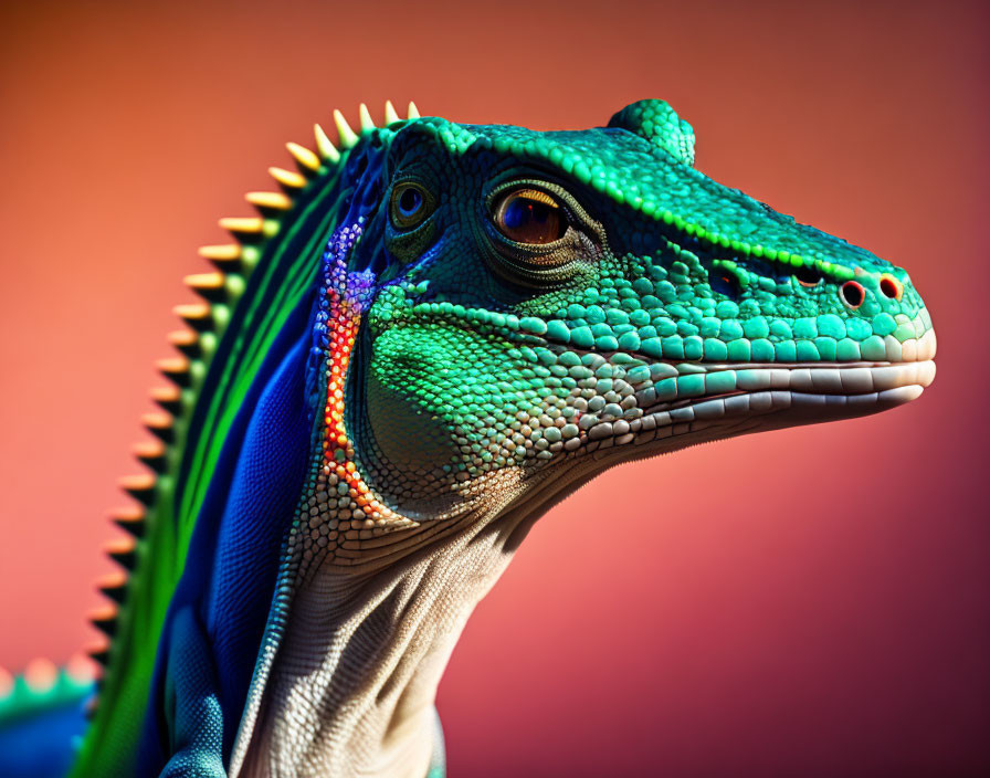 Detailed colorful dinosaur model with blue-green skin and amber eyes on red background