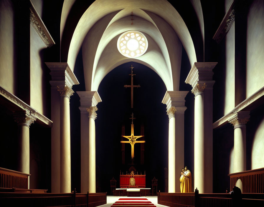 Church interior with arched ceilings, central aisle, altar with crucifix, statues, and benches.