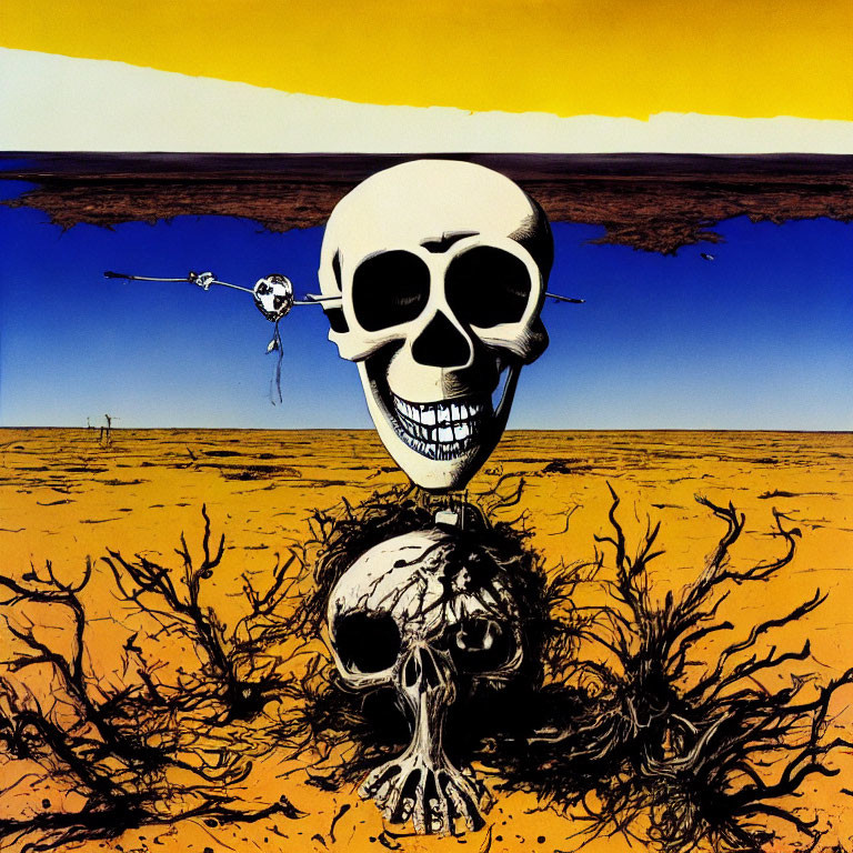 Surrealist artwork: Human skull on barren landscape with pendulum skull, yellow sky