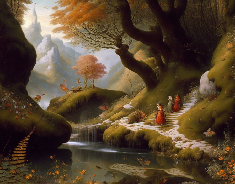 Fantastical autumn landscape with robed figures, oversized foliage, fairy creatures, and castle.