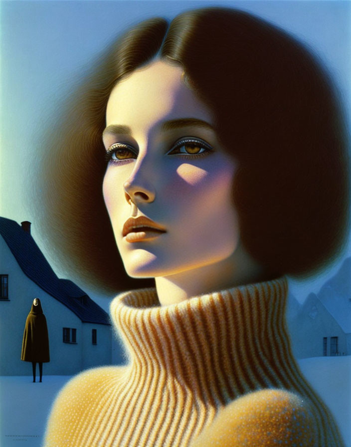 Exaggerated features portrait of a woman in turtleneck with snowy landscape.