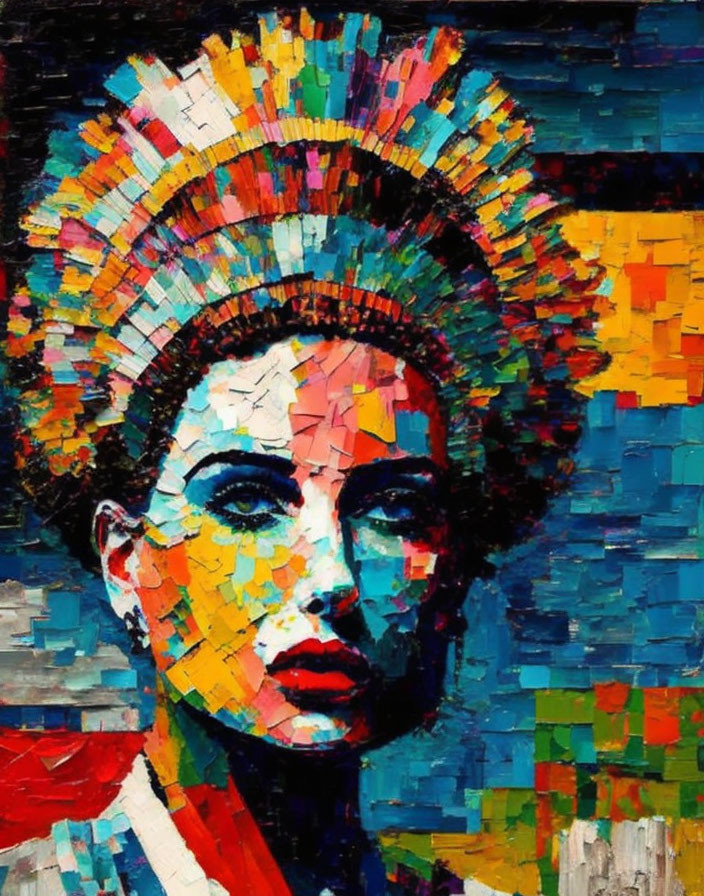 Vibrant cubist portrait with colorful headdress.