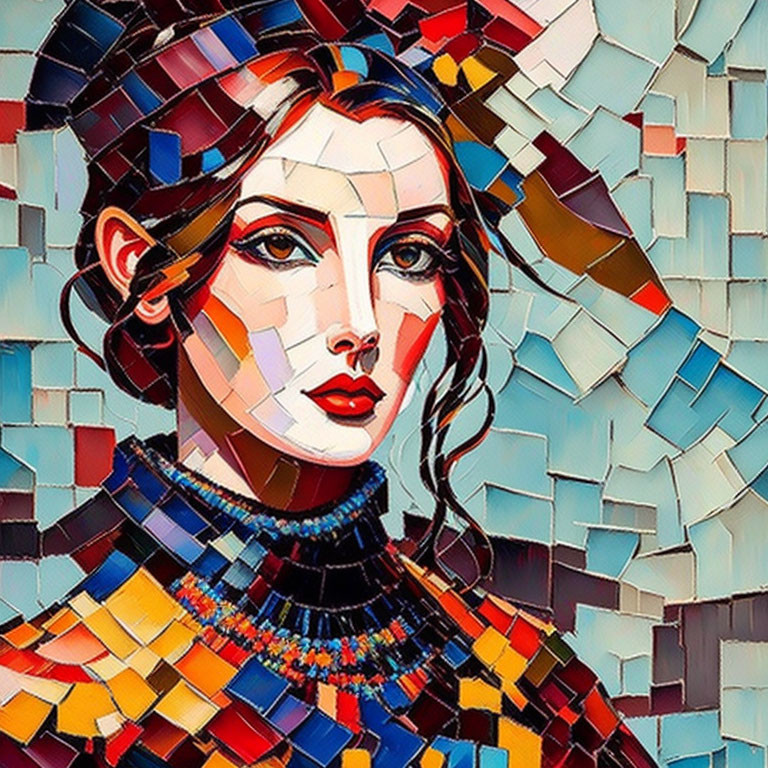 Vibrant cubist portrait of a woman with colorful geometric shapes