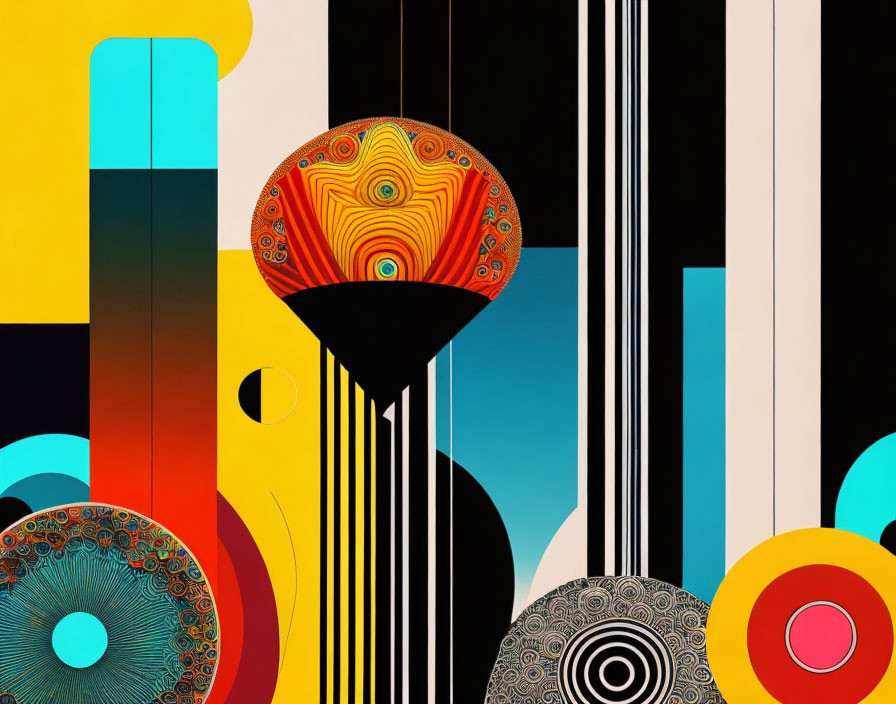 Vibrant digital abstract art: circles, geometric patterns, intricate designs.