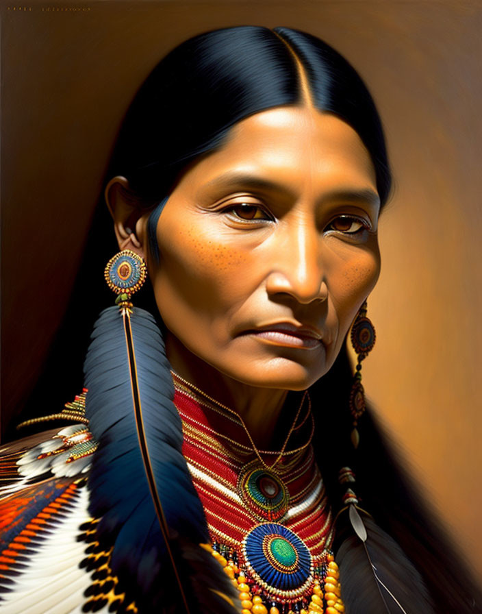 Native American Woman Portrait with Traditional Attire and Beadwork