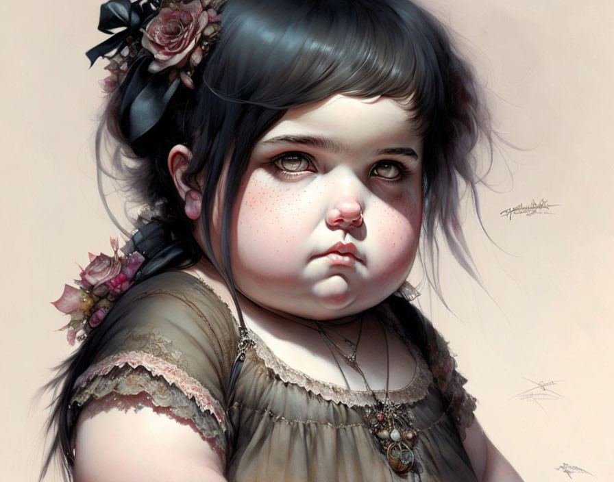 Digital painting of young girl with puffy cheeks, big brown eyes, dark hair, and floral hair