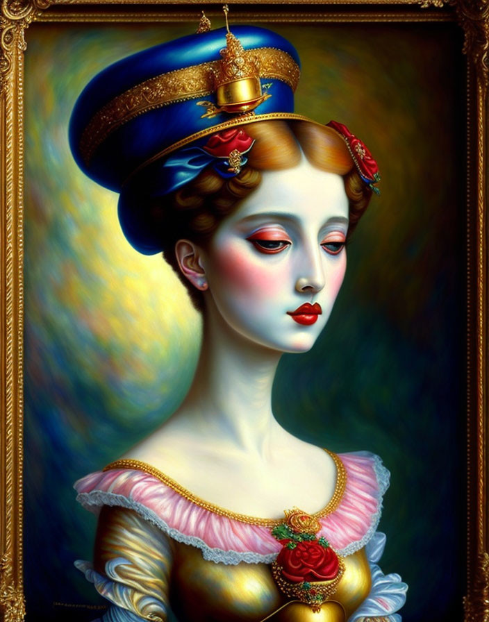 Portrait of Woman in Pink Ruffled Dress and Blue Hat with Gold Embellishments