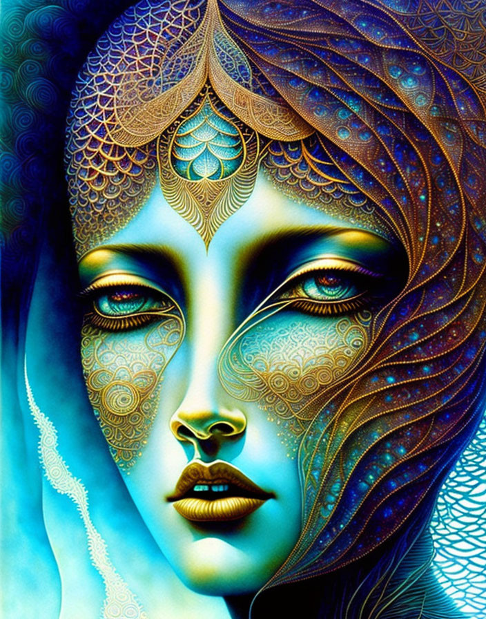 Intricate blue and gold patterned woman's face artwork