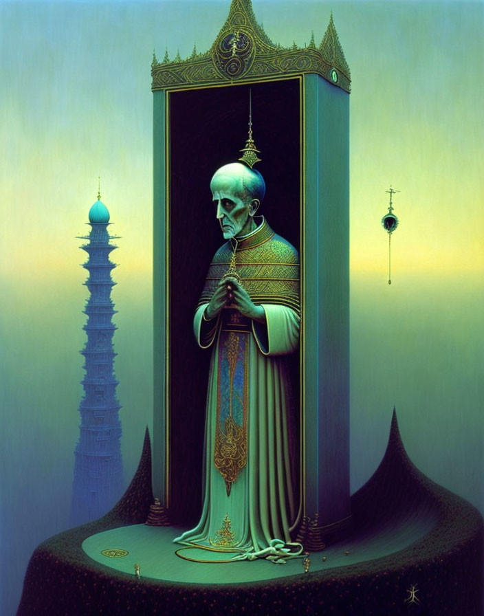 Surreal bald monk praying in ornate doorway with pagoda and twilight sky.