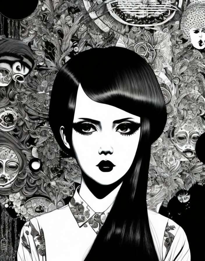 Monochromatic illustration of woman with bobbed hair and bangs surrounded by intricate patterns and surreal faces