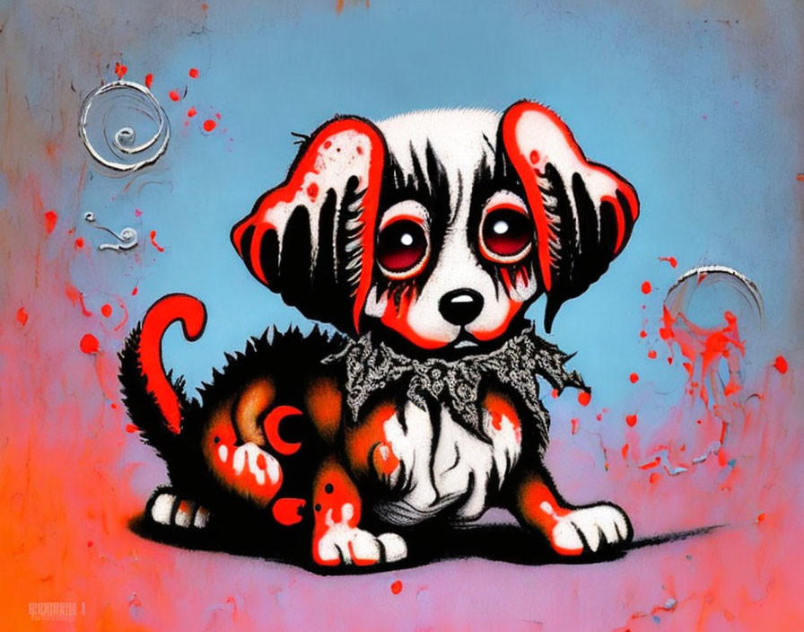 Stylized cartoon illustration of cute puppy with red eyes and dalmatian spots