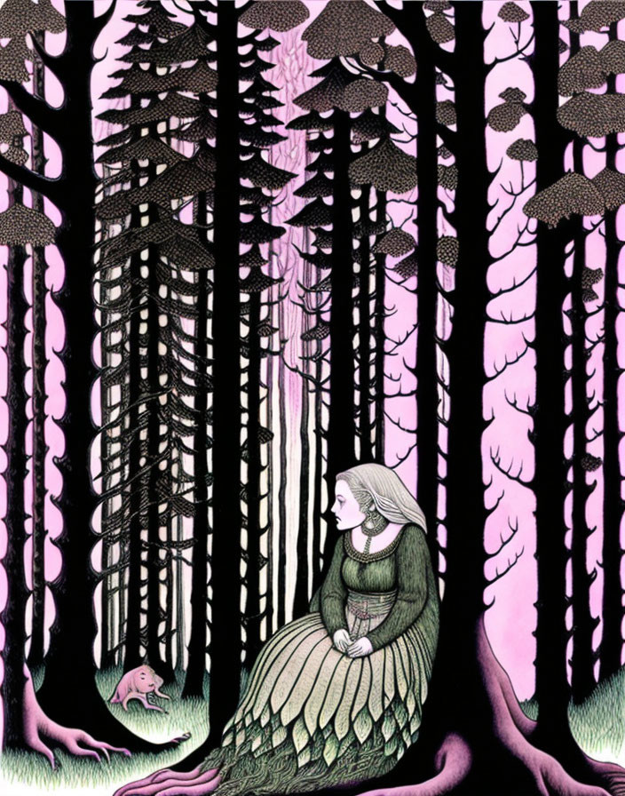 Woman in stylized forest with tall trees and oversized mushrooms