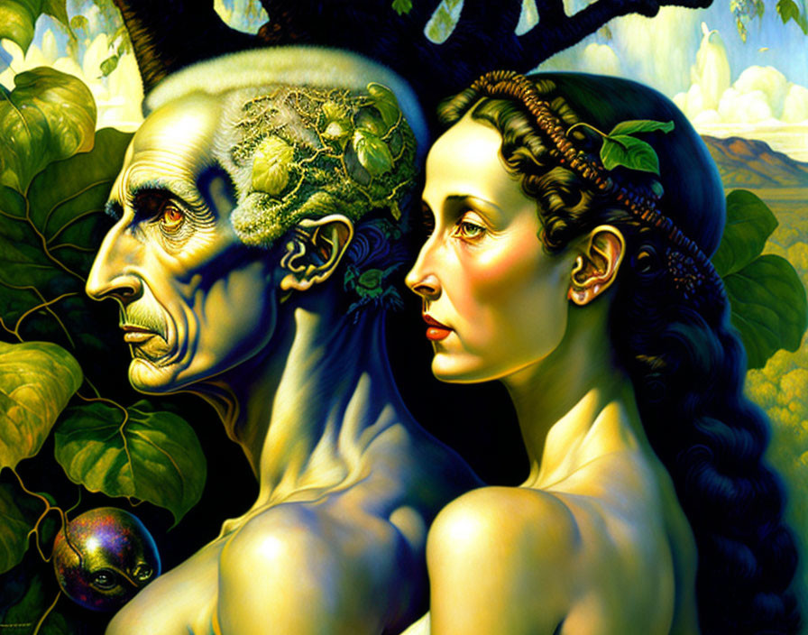 Surreal painting: Young woman and old man faces merged with nature elements