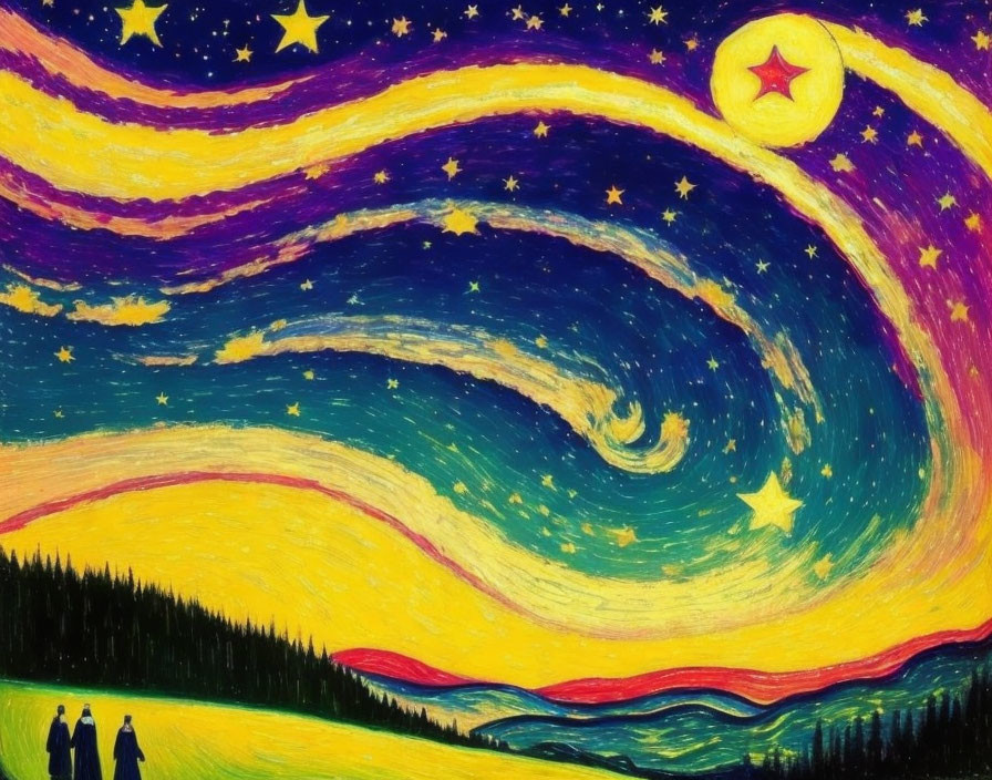 Starry night sky painting with swirling patterns and moon