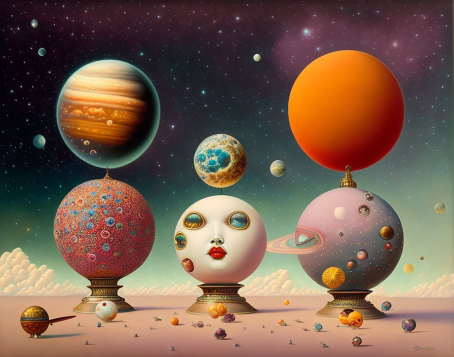 Whimsical surreal artwork: planets, balloons, face-shaped planet, dreamy expression, cloud-d