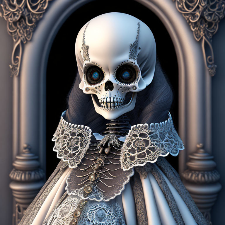 Detailed 3D skeleton illustration in Victorian dress with blue eyes and long hair