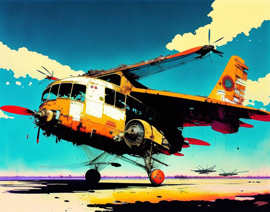 Colorful retro-futuristic helicopter art with bus elements in sunset sky