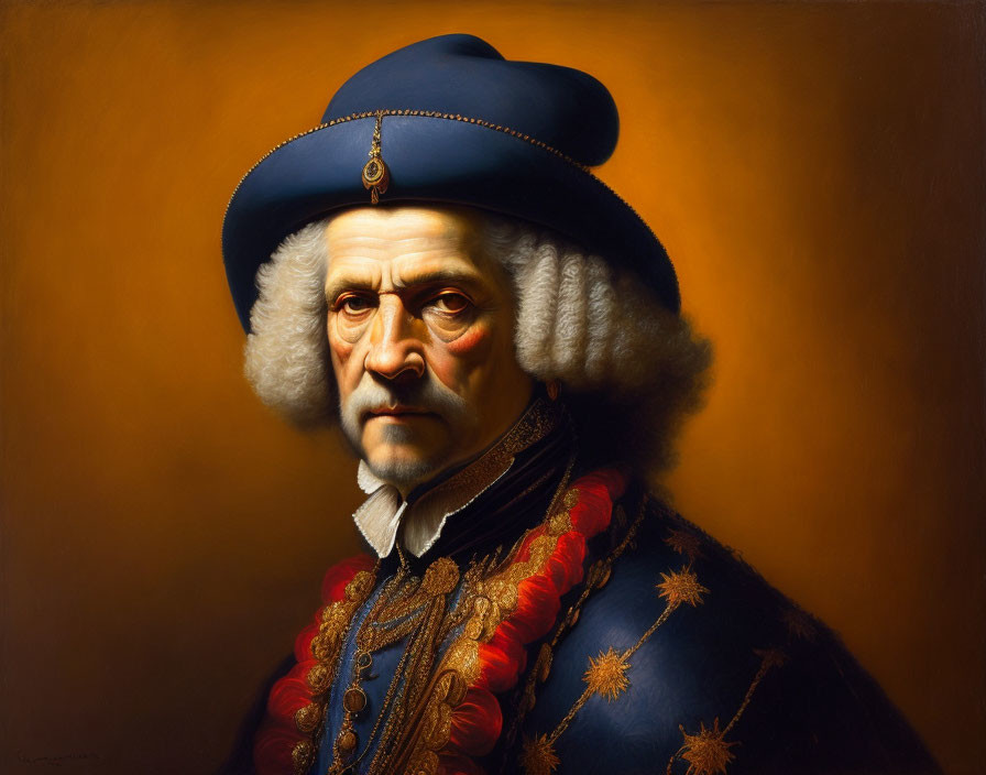 Man in Blue Hat with Ornate Coat and Stern Expression