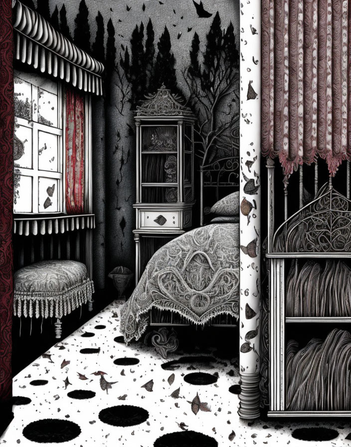 Monochrome Gothic-style bedroom with forest mural and draped four-poster bed