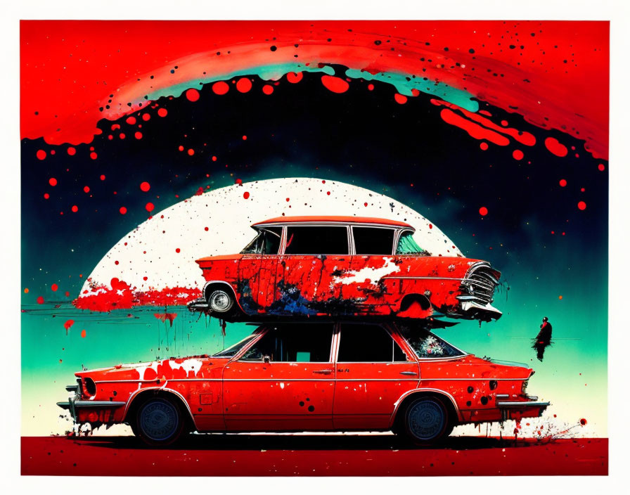 Colorful abstract painting featuring stacked red car and van with inkblot moon