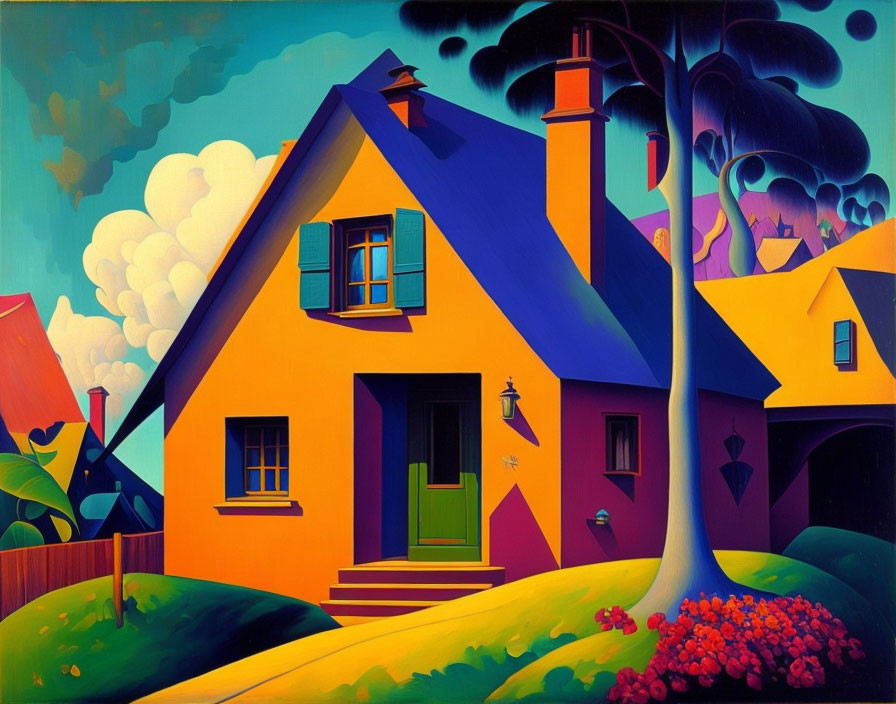 Colorful House Painting with Blue Roof and Whimsical Sky