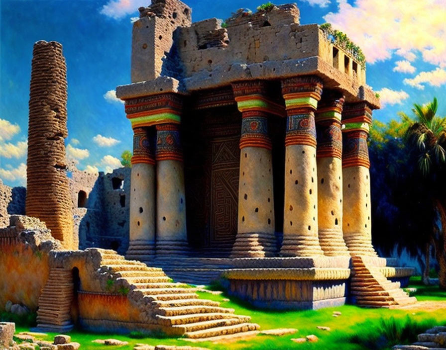 Colorful ancient temple ruins under bright blue sky