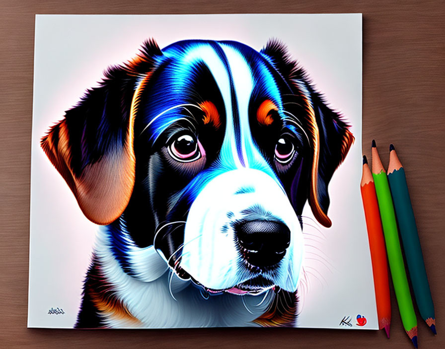 Vibrant Bernese Mountain Dog illustration with colored pencils