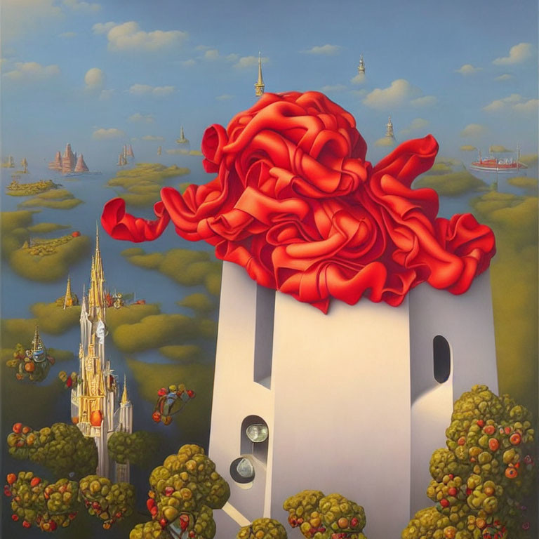 Surreal painting of white tower with red floral cap, green trees, golden fruit, ships,