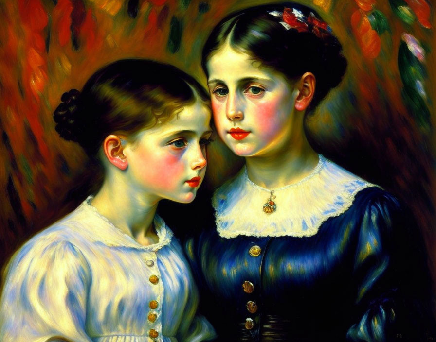 Two girls with solemn expressions in white and navy dresses with braided hair and red flower.