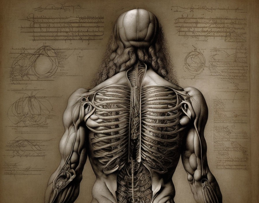 Detailed Anatomical Drawing of Back Muscles and Spine with Da Vinci-style Sketches