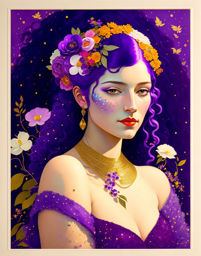 Woman with Purple Hair, Flowers, Gold Jewelry, and Dress in Floral Setting