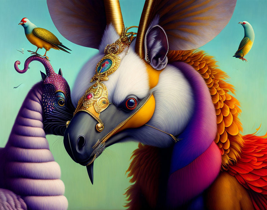 Colorful fantastical creature with horn, large ears, feathers, and jewelry surrounded by birds and surreal