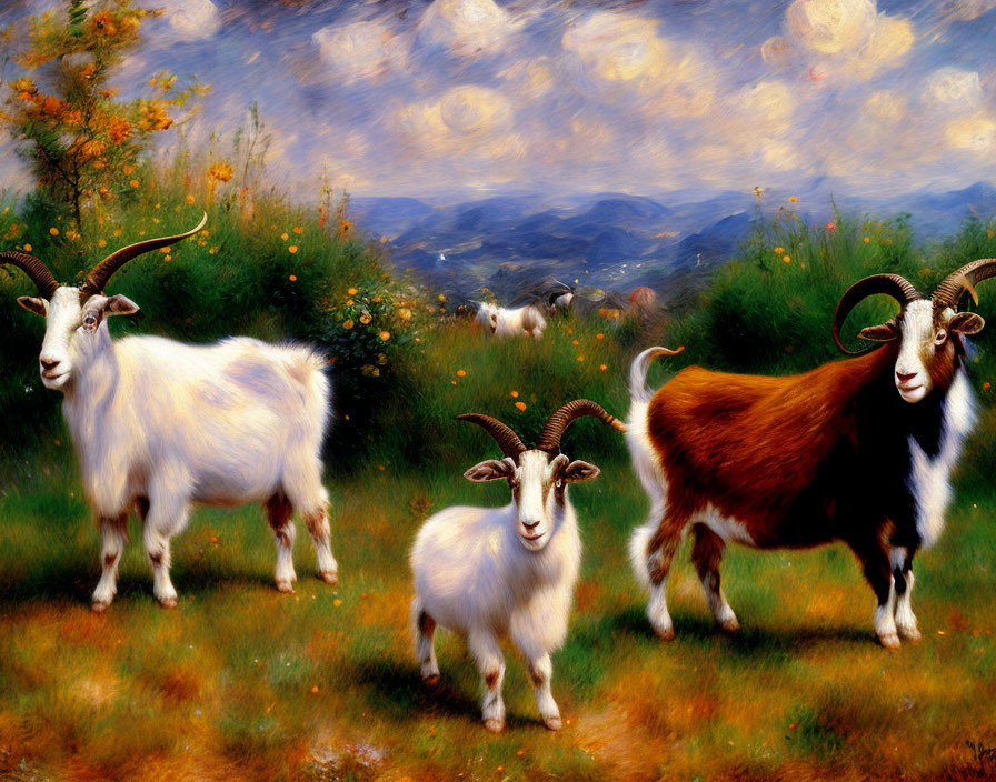 Three goats with prominent horns in a picturesque field under a dynamic, cloudy sky