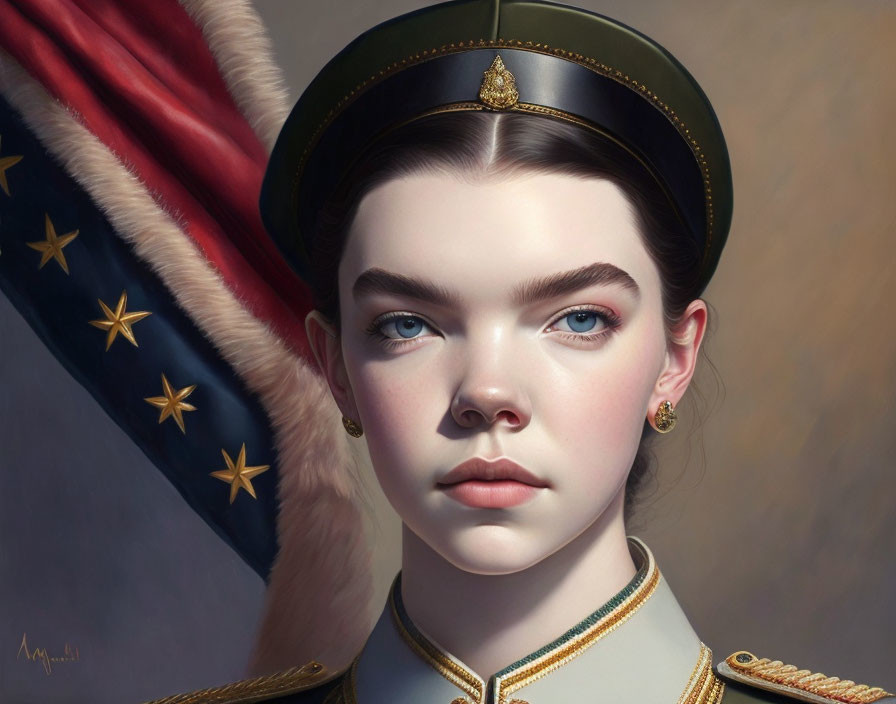 Digital portrait of young woman in military uniform with American flag background