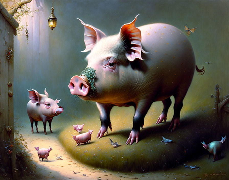 Surreal painting: oversized pigs with green plant in alleyway