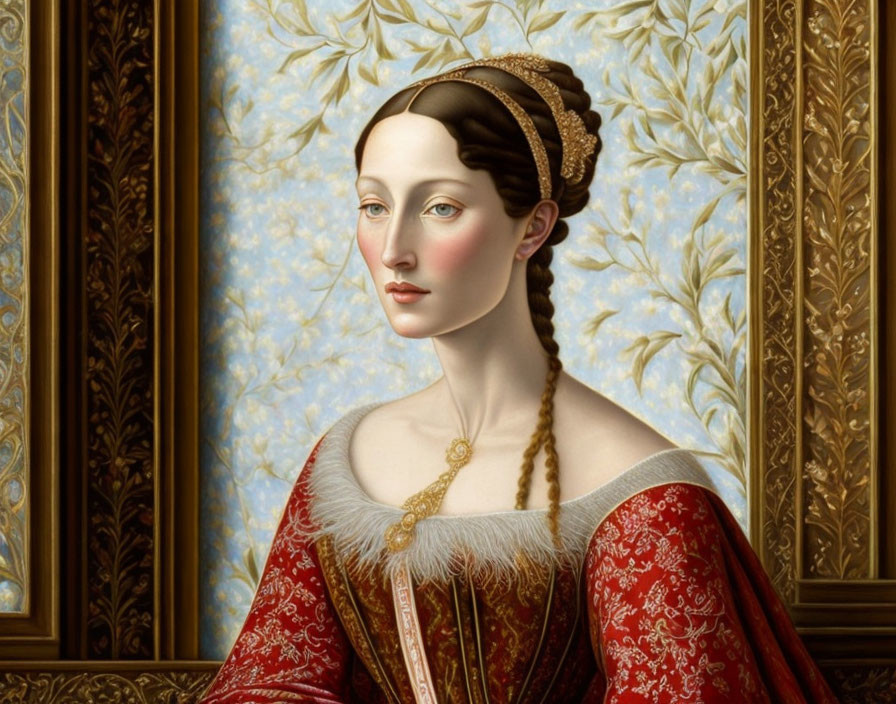 Renaissance-style painting of woman in braided hair and headpiece