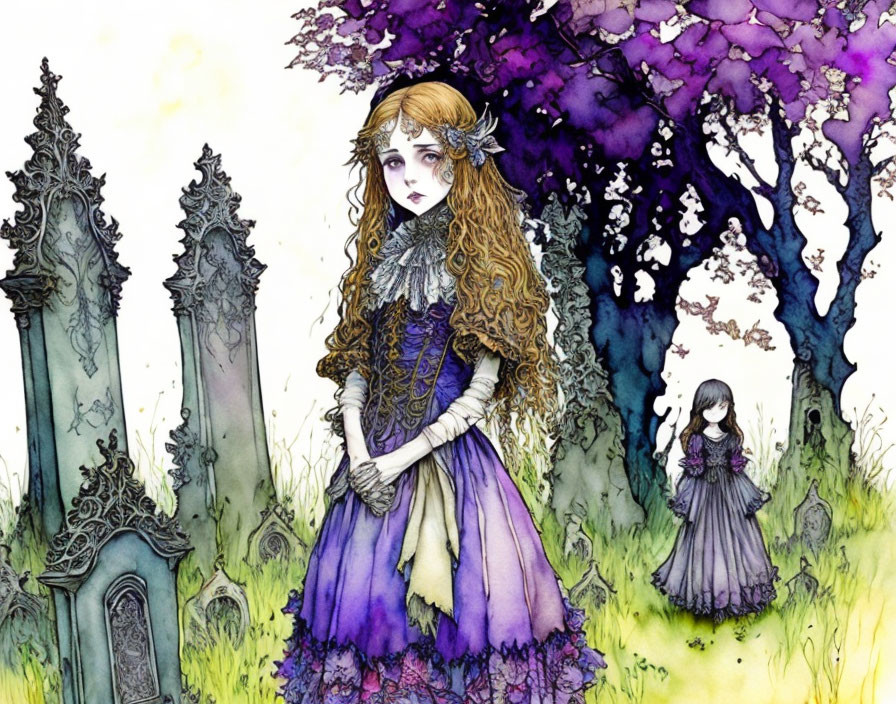 Young woman in purple Victorian dress in whimsical graveyard